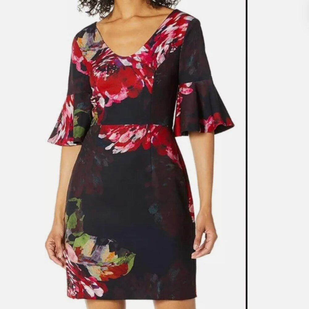 Trina Turk Floral Print V-Neck Bell Sleeve Sheath Dress Size 12